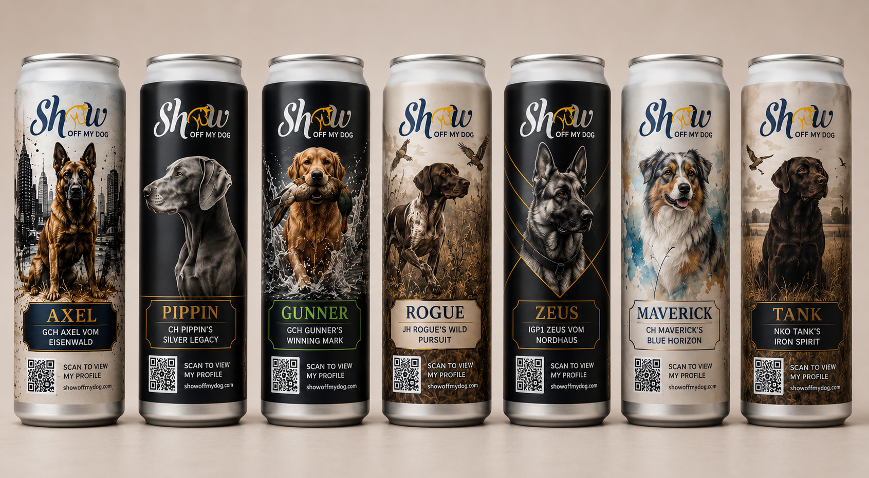 Show Off My Dog premium aluminum bottles featuring show dogs on marble surface