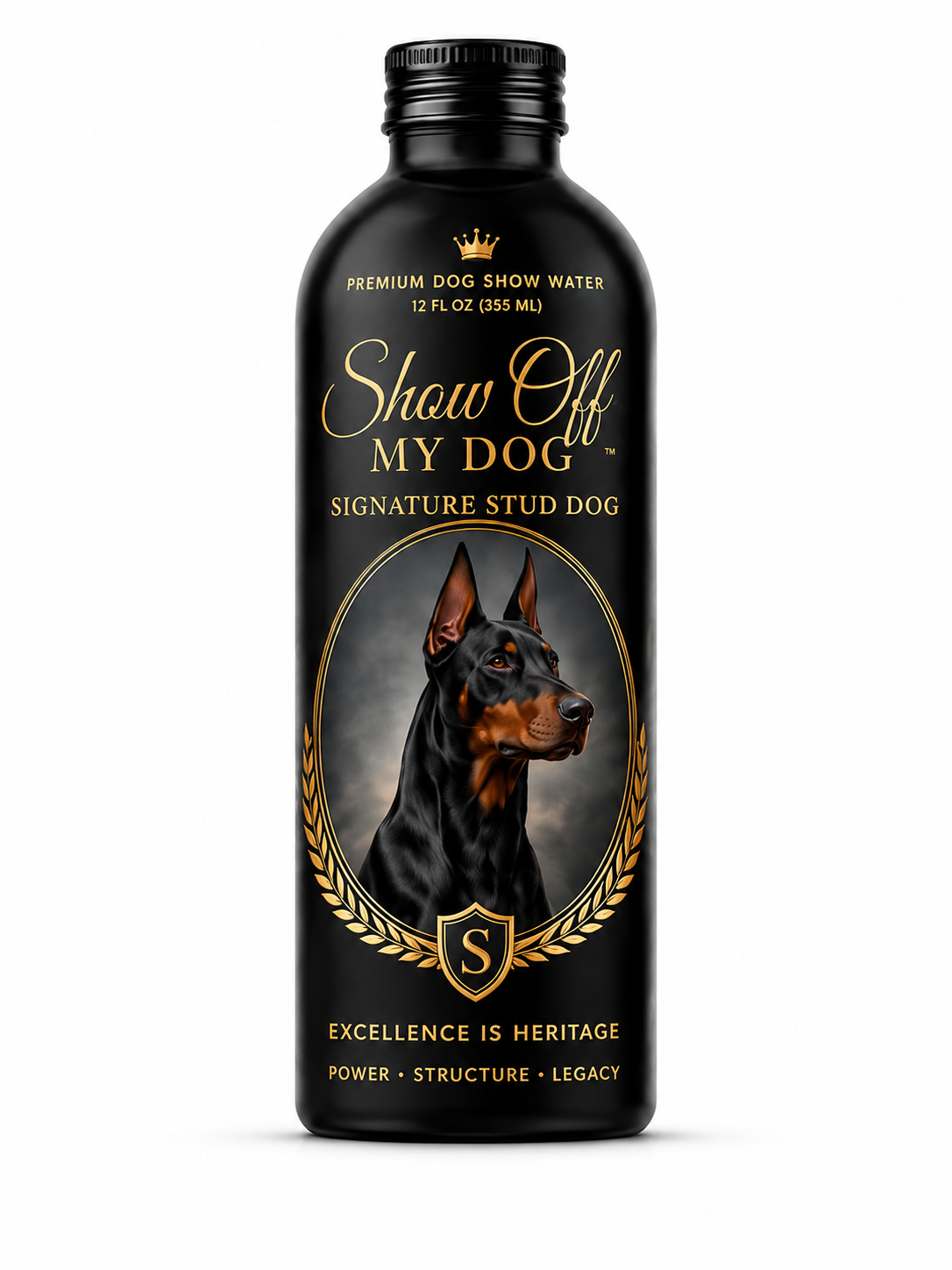 The Group bottle, front and back showing 10 champion dogs with QR profiles