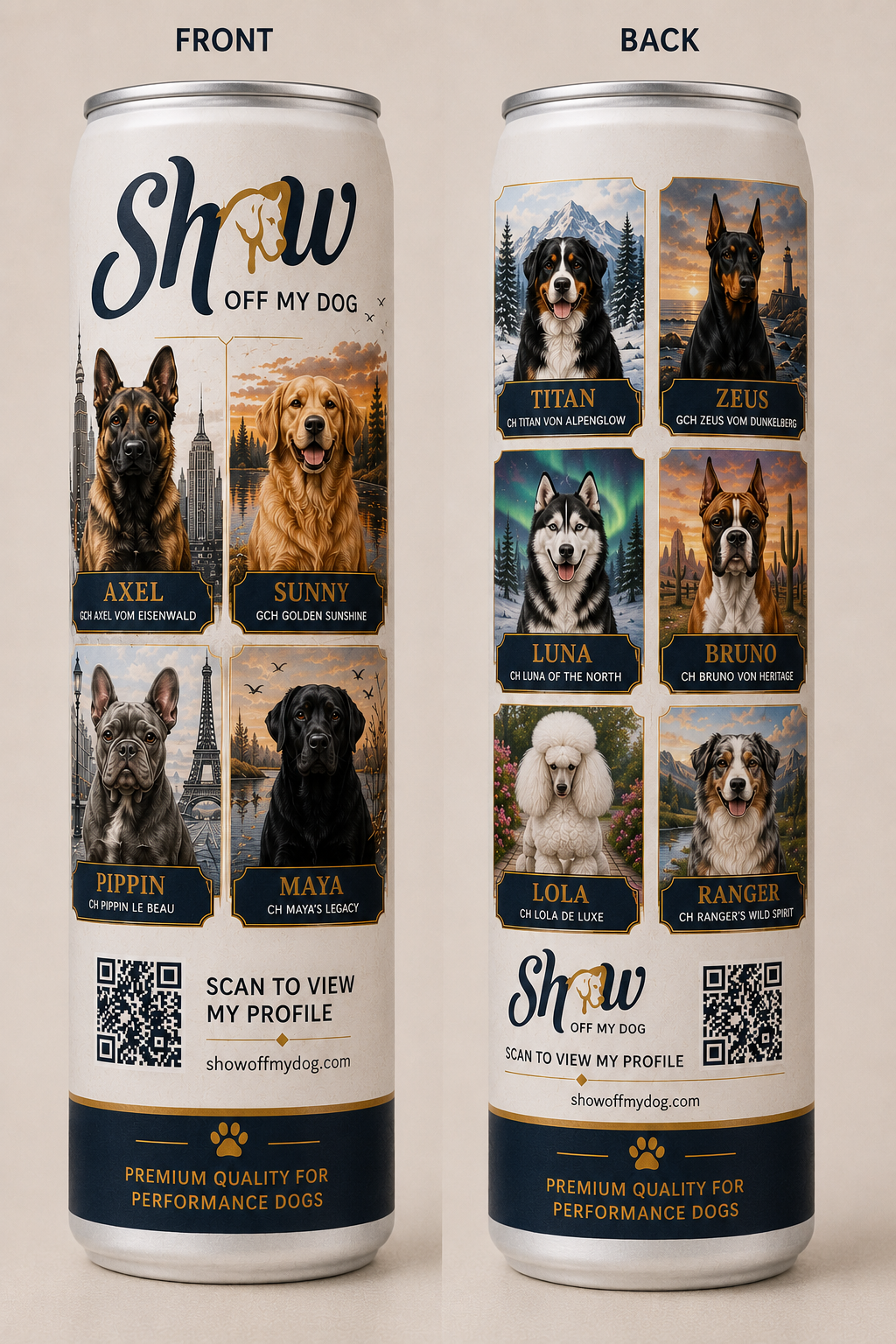 The Group bottle — front and back showing 10 champion dogs with QR profiles