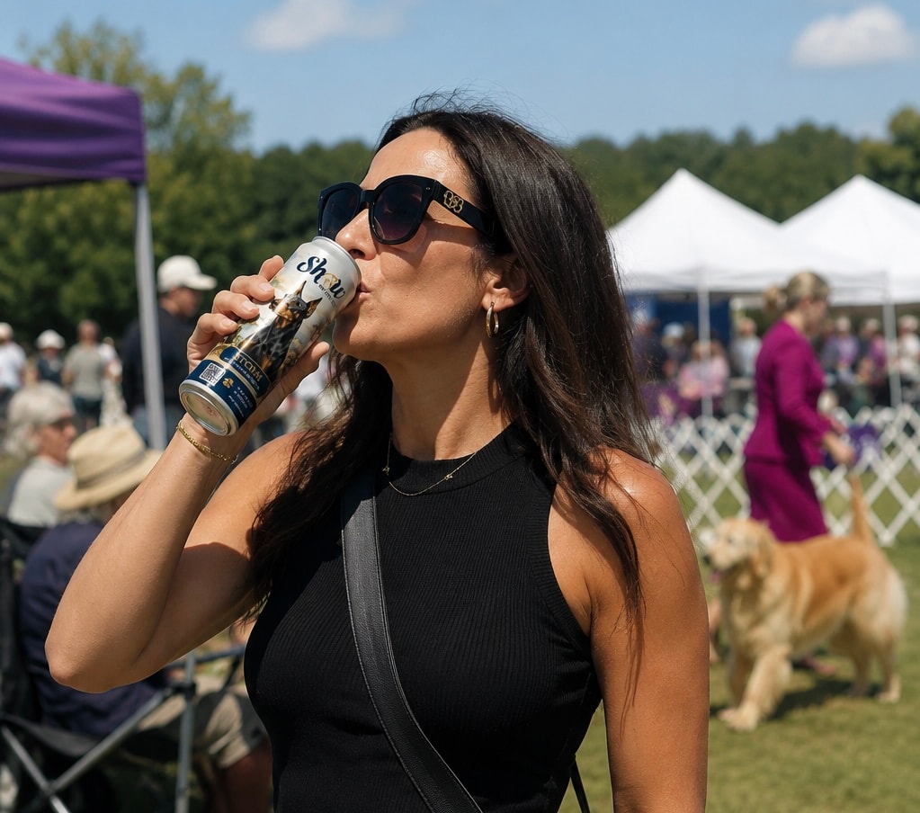 Show attendees with Show Off My Dog water bottles at a dog show