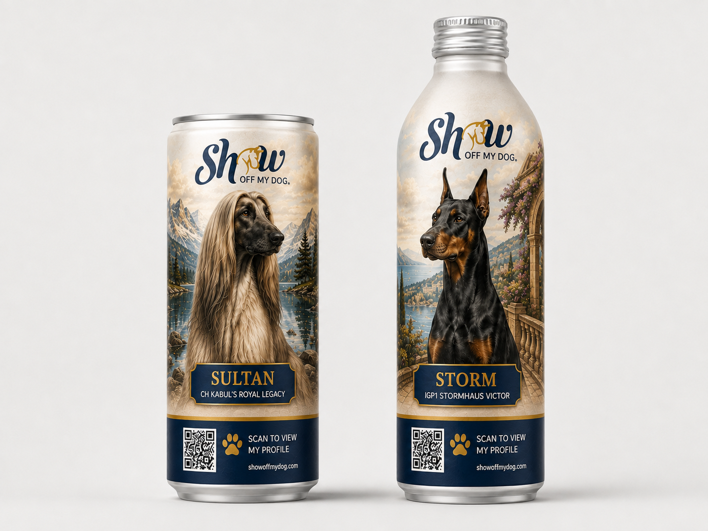 Show Off My Dog can and bottle designs featuring champion dogs