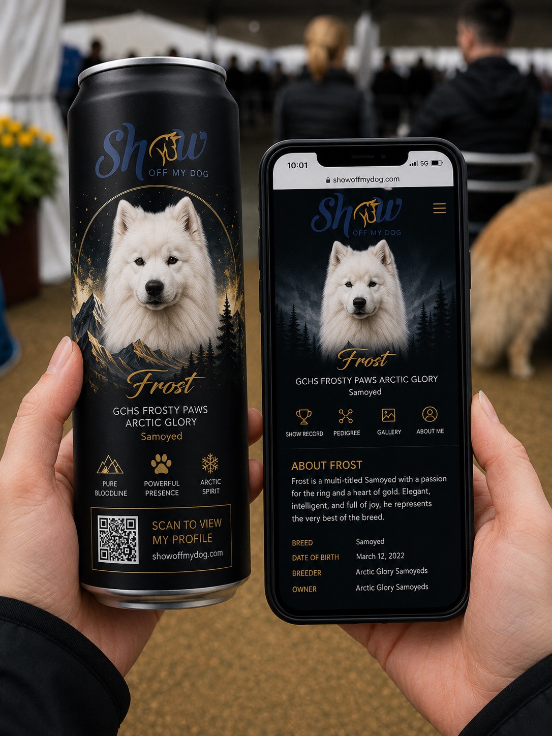 Show Off My Dog bottle with living profile page on screen