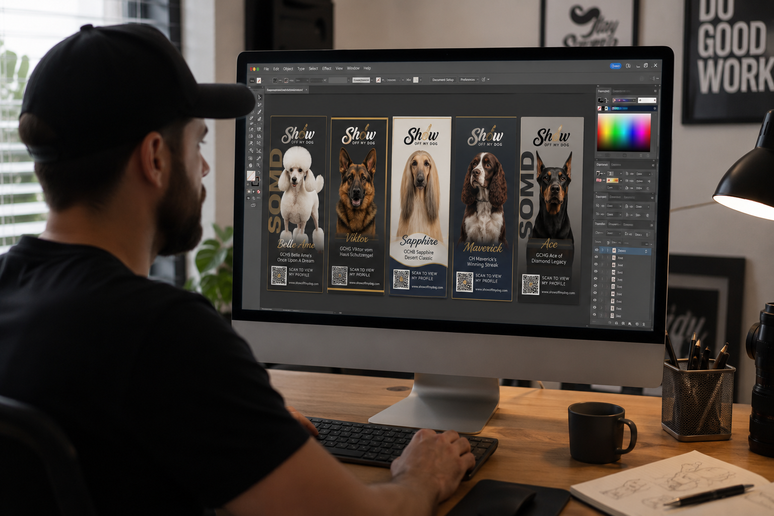 Designer creating custom Show Off My Dog bottle label artwork in Adobe Illustrator