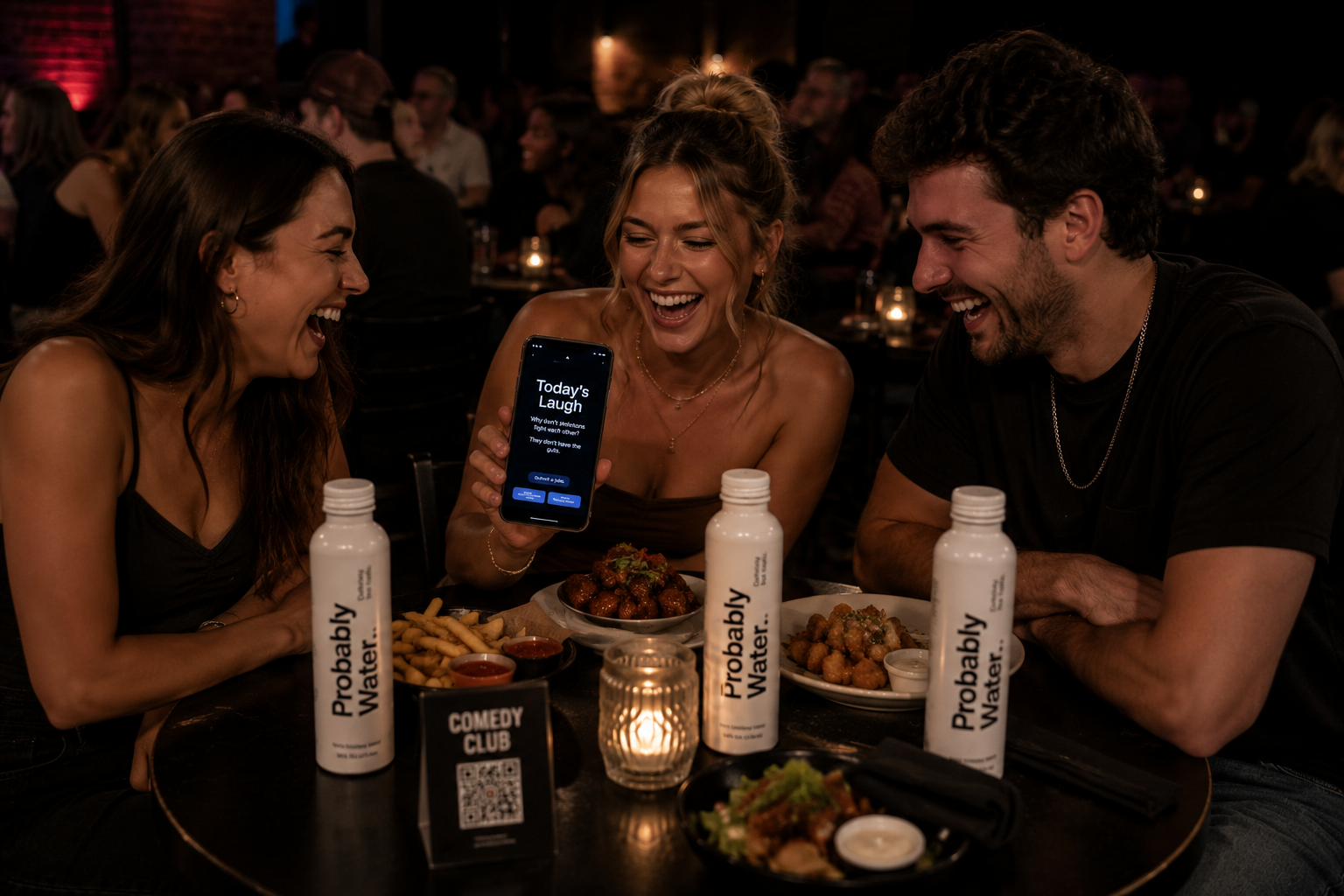 Probably Water™ on a comedy club table