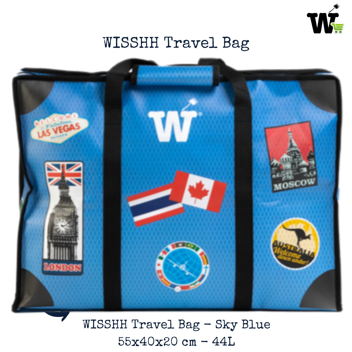 WISSHH Classic Travel Bag rPET Sky Blue 55x40x20 cm with travel stickers