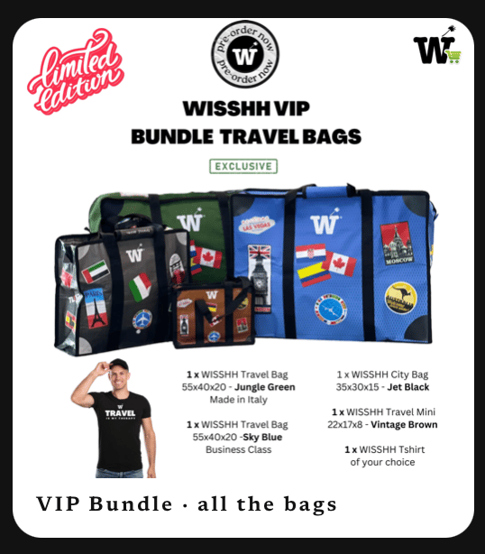 WISSHH Travel Bag VIP Bundle limited edition promo: the complete bag family with a bonus T-shirt, only 100 pieces