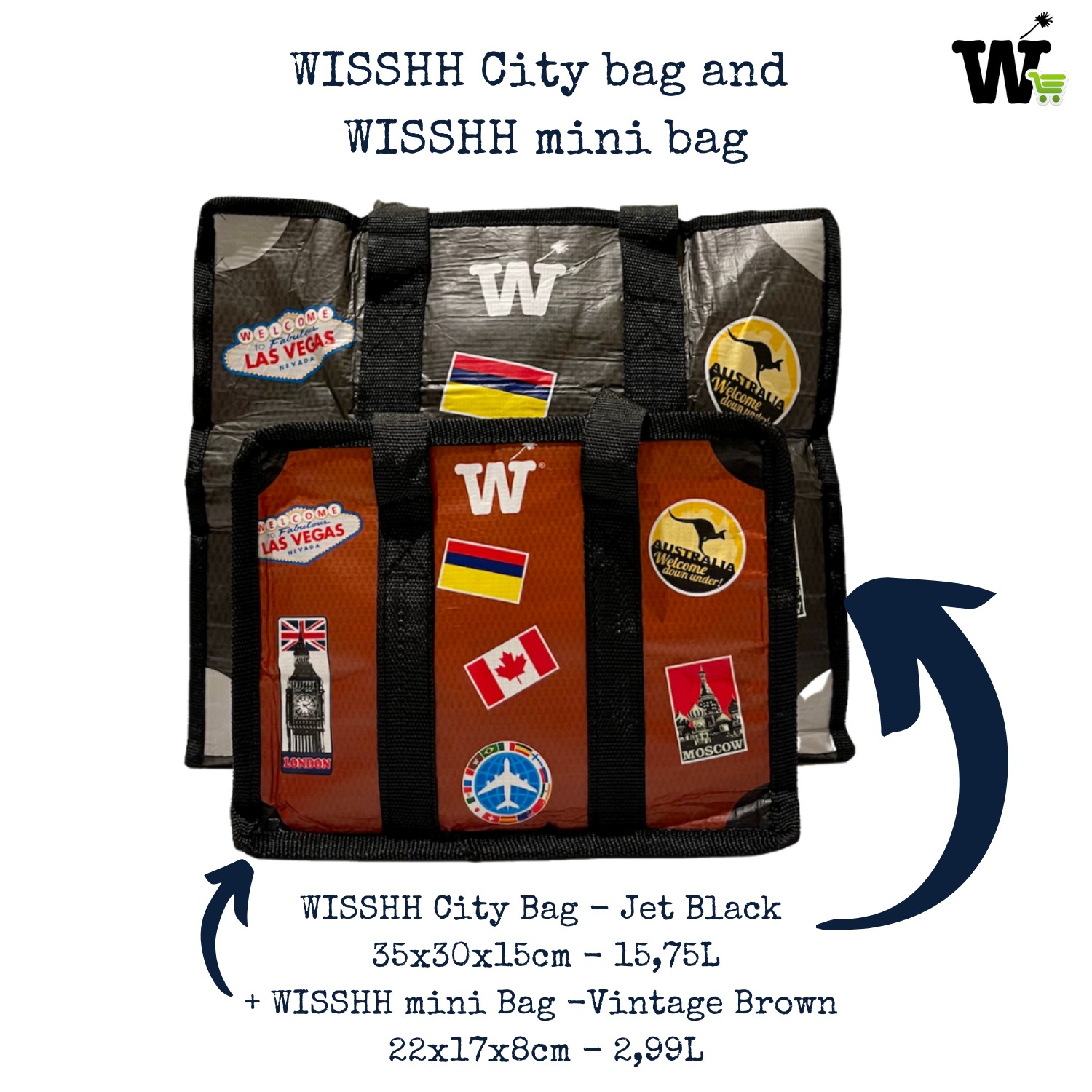 WISSHH Classic City Bag rPET Jet Black and WISSHH Classic Mini Bag rPET Vintage Brown