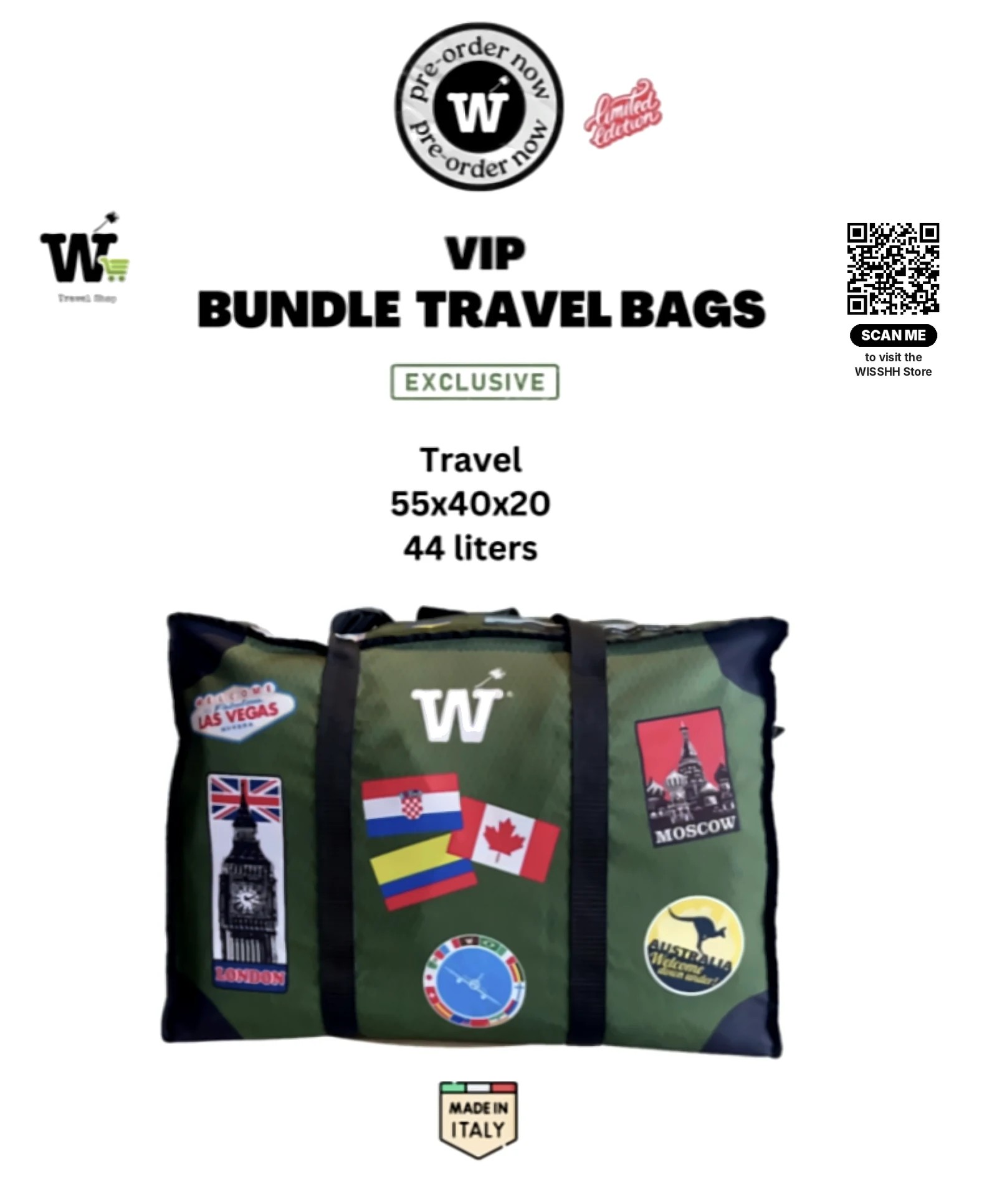 WISSHH Classic Travel Bag rPET Jungle Green 55x40x20 cm with travel stickers