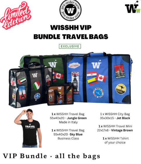 Promo of the WISSHH VIP Bundle: the WISSHH Travel Bag family in limited edition with the Jungle Green Travel Bag in the spotlight