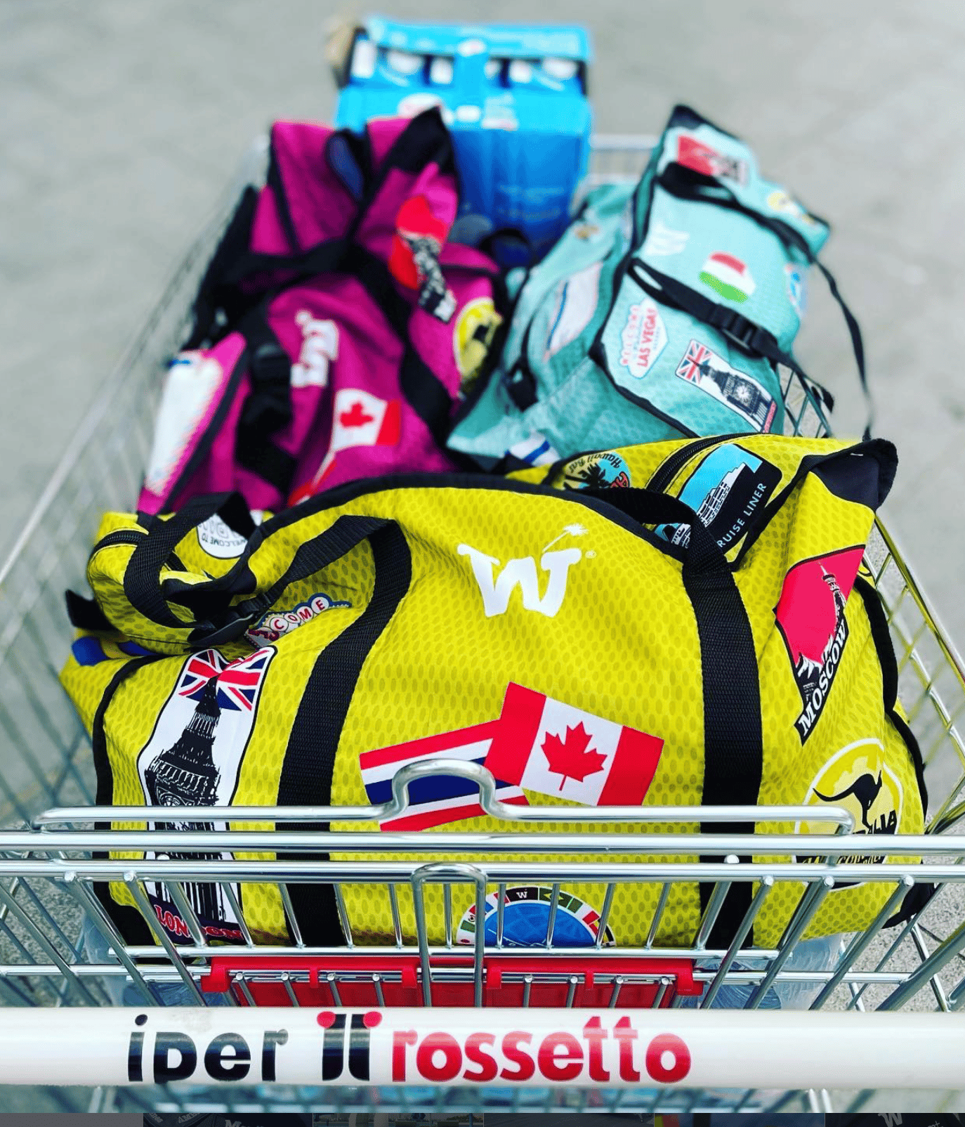 Colorful WISSHH Travel Bags with world-flag stickers in a supermarket shopping cart