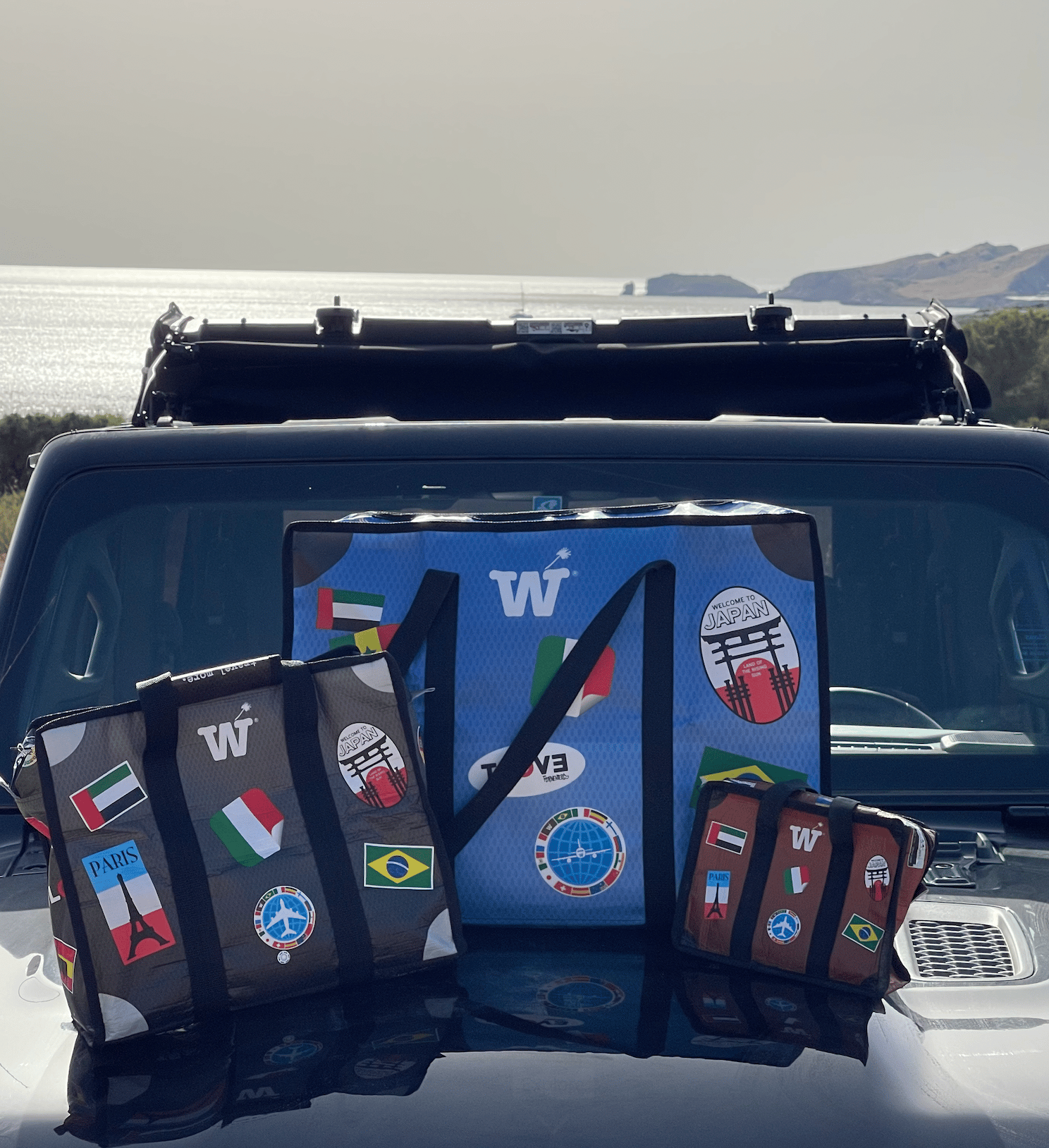 Three stickered WISSHH Travel Bags in brown and blue on the hood of an off-road vehicle with the sea behind