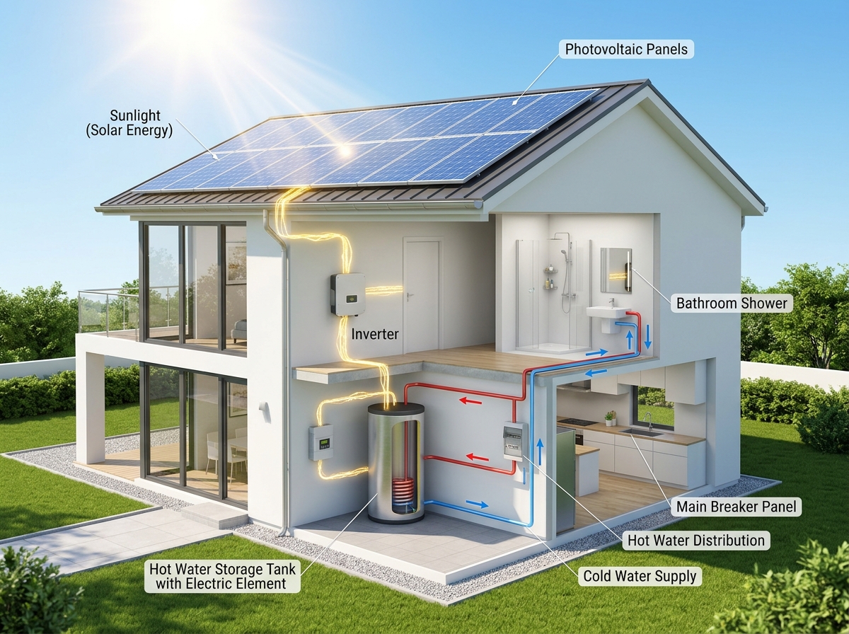 Schéma fotovoltaického systému – panely, střídač, bojler a rozvody v rodinném domě