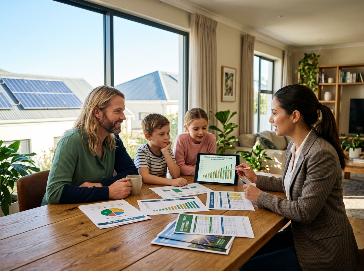 Rodina s konzultantem plánuje instalaci fotovoltaiky – přehled úspor a návratnosti