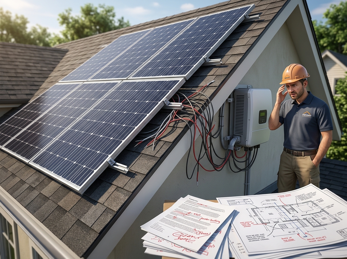 Technik FVE kontroluje instalaci panelů a technickou dokumentaci