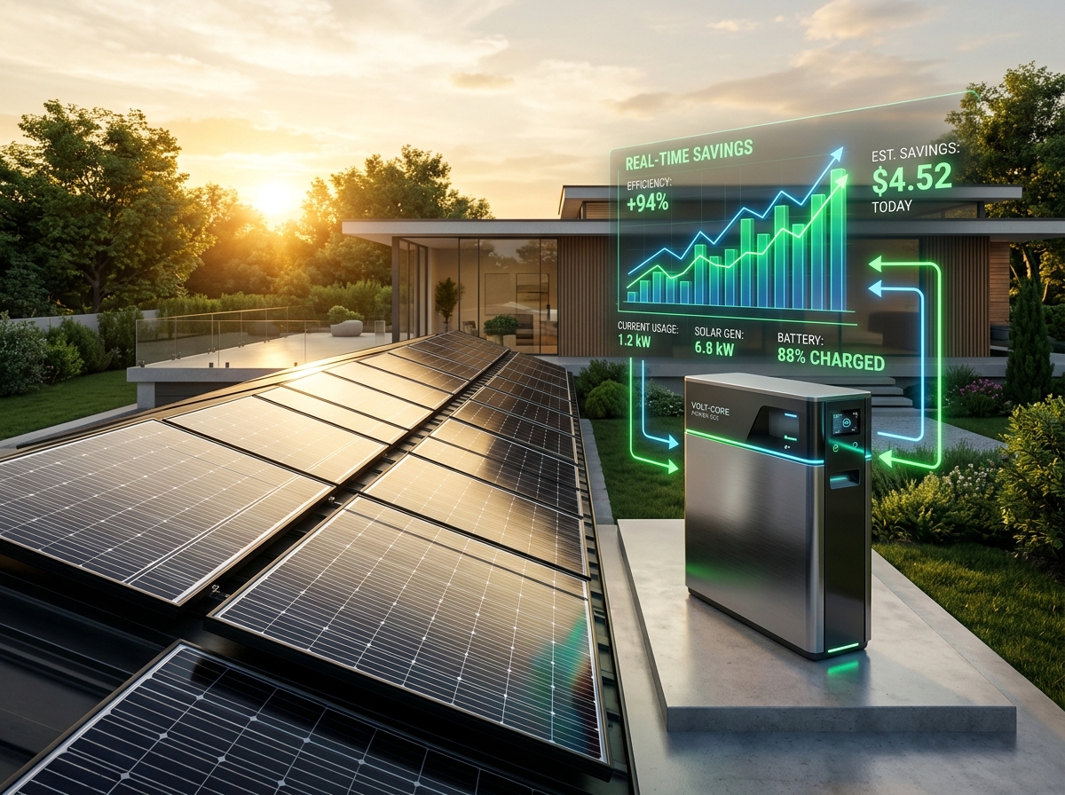 Bateriové úložiště s přehledem úspor v reálném čase – efektivita 94 %, výroba 6,8 kW