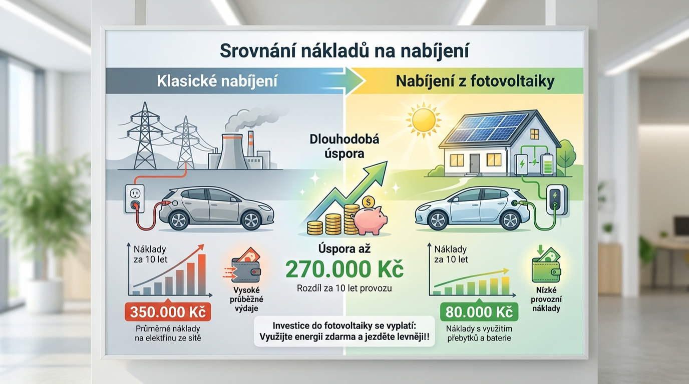 Infografika: srovnání nákladů na nabíjení elektromobilu ze sítě vs. z fotovoltaiky – úspora 270 000 Kč za 10 let