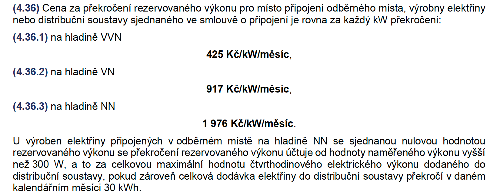 Výňatek z cenového rozhodnutí ERÚ z 29.11.2024 – paragraf 4.36 o překročení rezervovaného výkonu