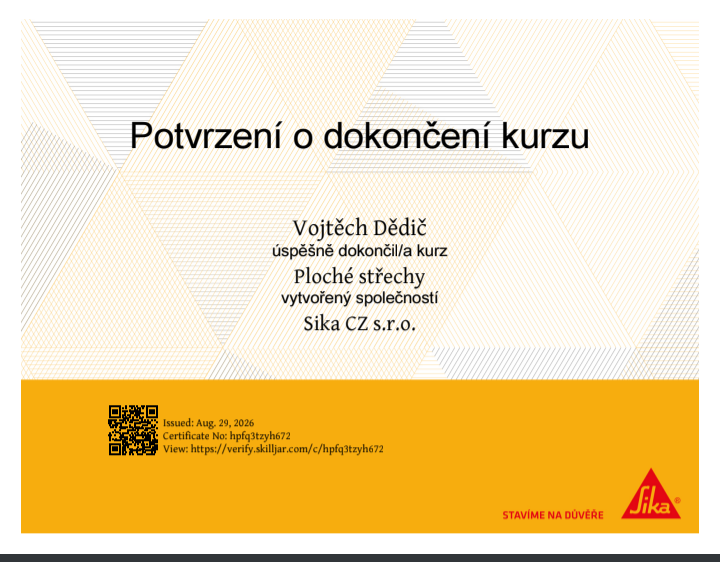 Certifikát Střechy Dědič – Weber hydroizolace