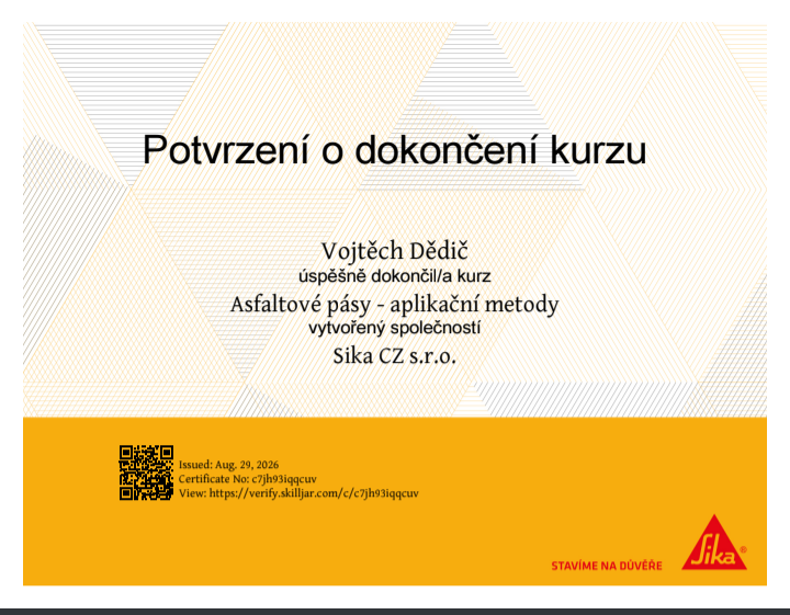 Certifikát Střechy Dědič – Sika ploché střechy