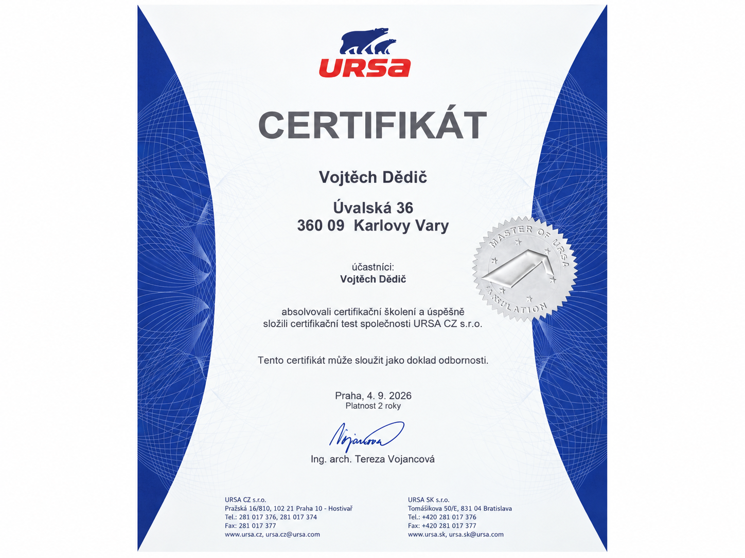 Certifikát Střechy Dědič – URSA izolace