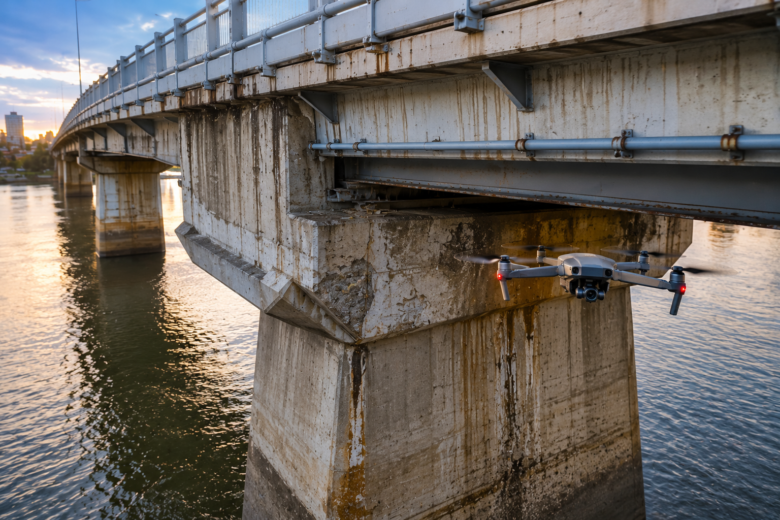 Drone inspecting a bridge over water for infrastructure assessment
