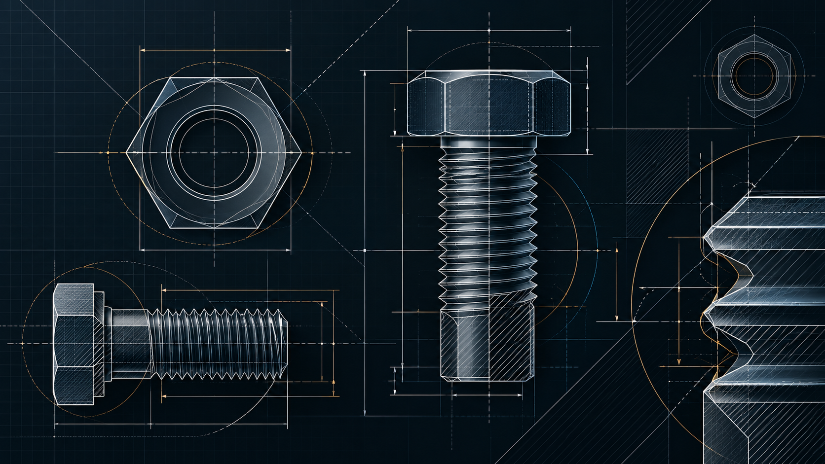 Technical illustration of hex-head bolts with top and side views, thread details and dimension lines on a dark grid.