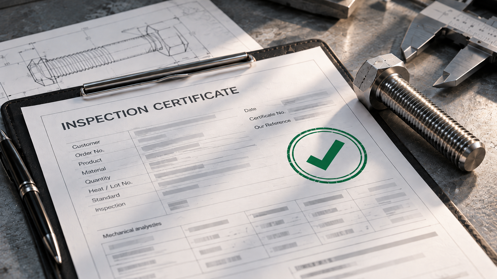 Illustration of an industrial inspection document with a stainless steel fastener in a quality-control setting.