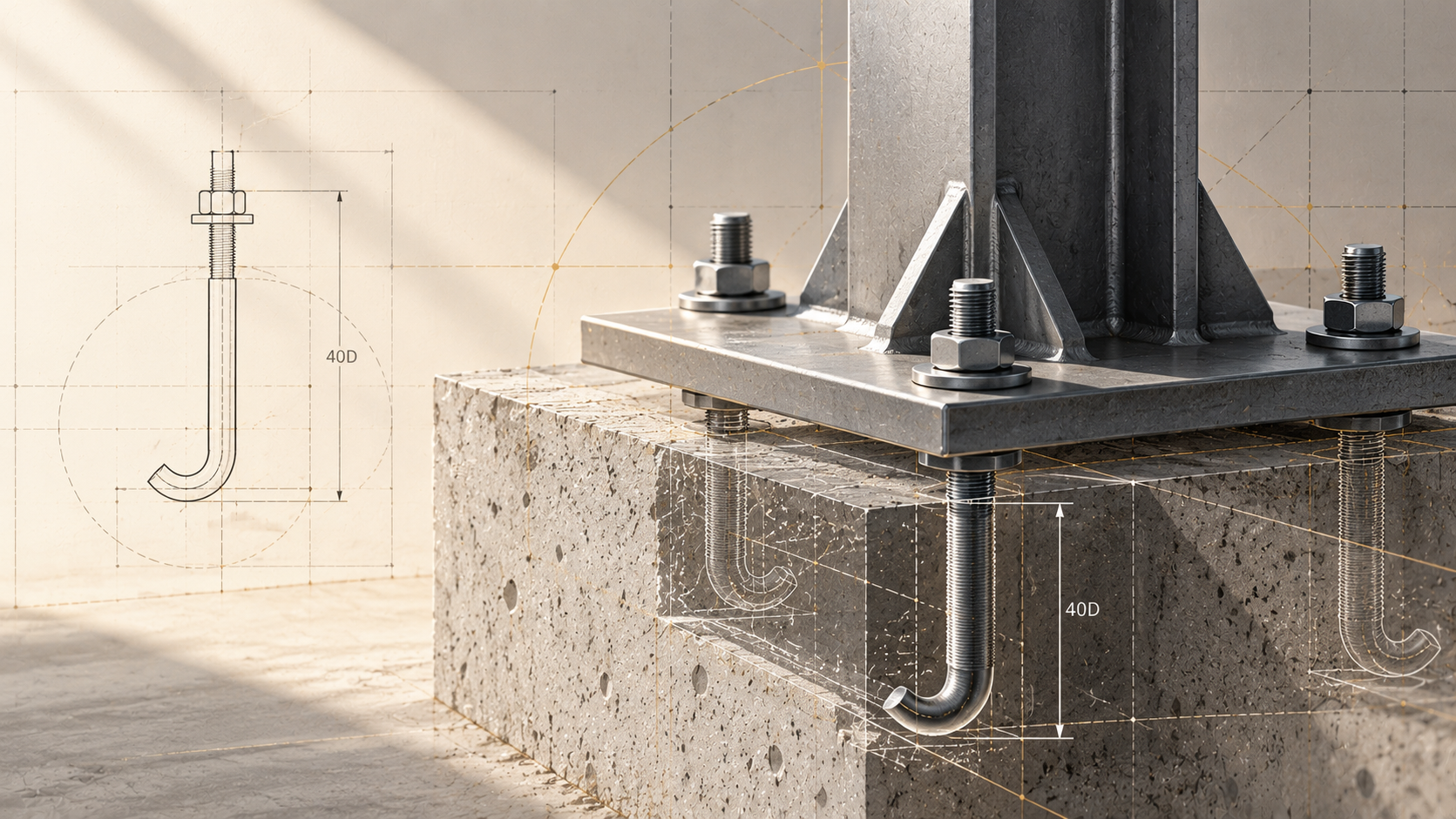 Illustration of a steel column base plate anchored to a concrete foundation with foundation bolts.