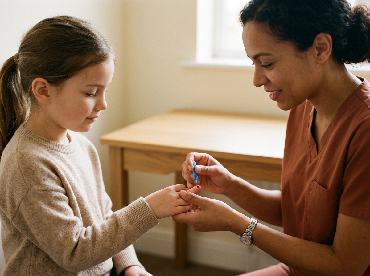 Clinician collecting a fingerstick blood sample from a young girl