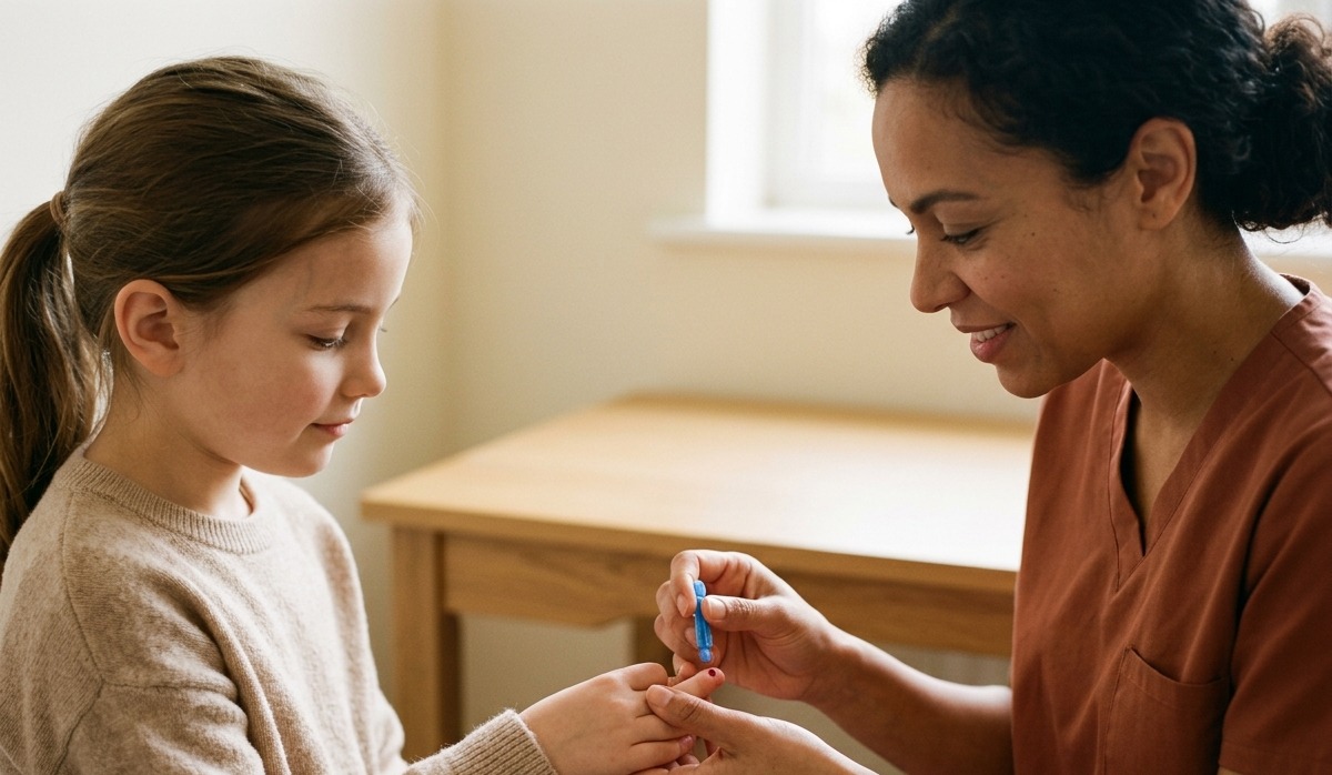 Clinician collecting a fingerstick blood sample from a young girl