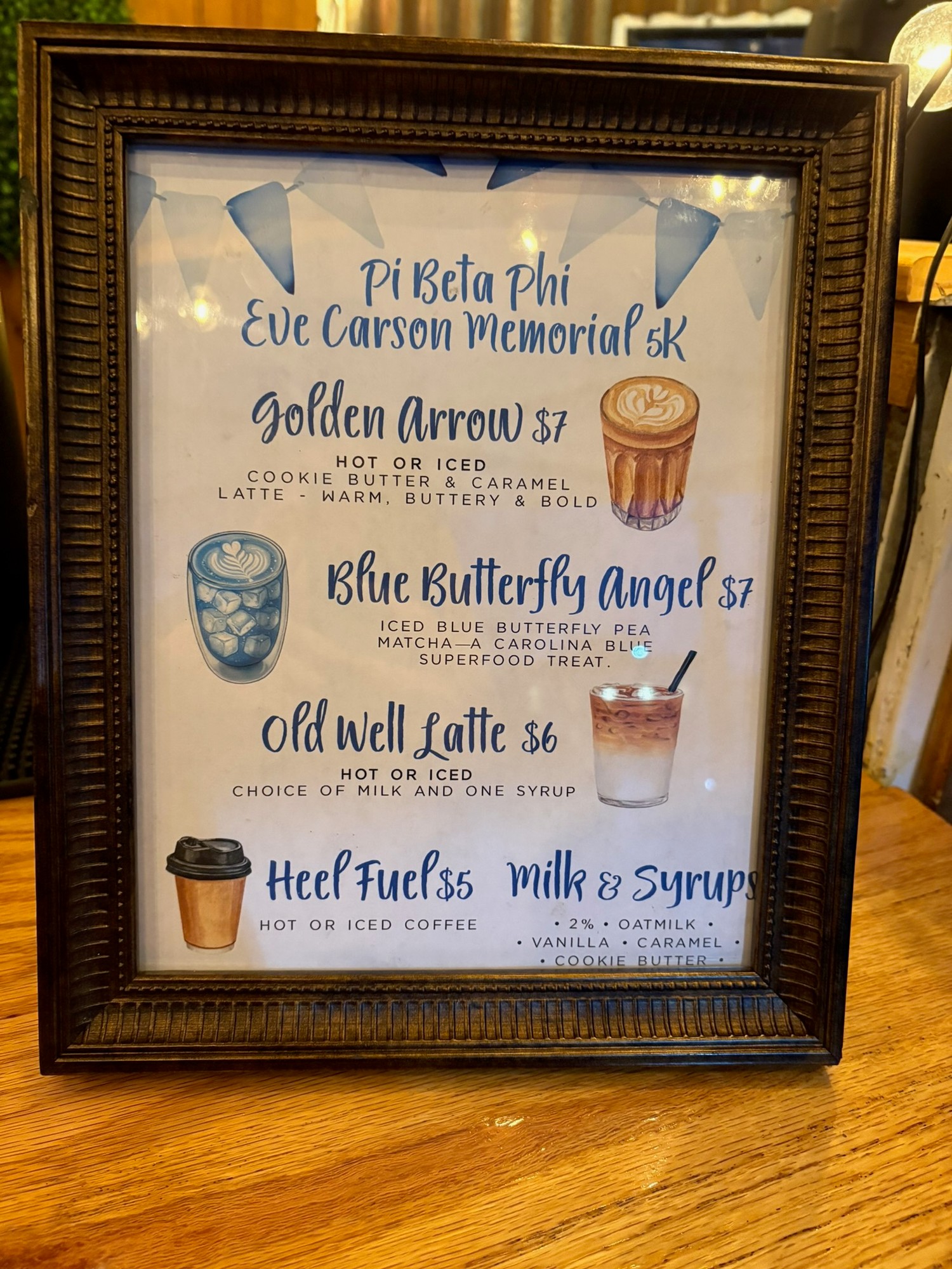 Pi Beta Phi Eve Carson 5K custom coffee menu — Golden Arrow, Blue Butterfly Angel, Old Well Latte, Heel Fuel