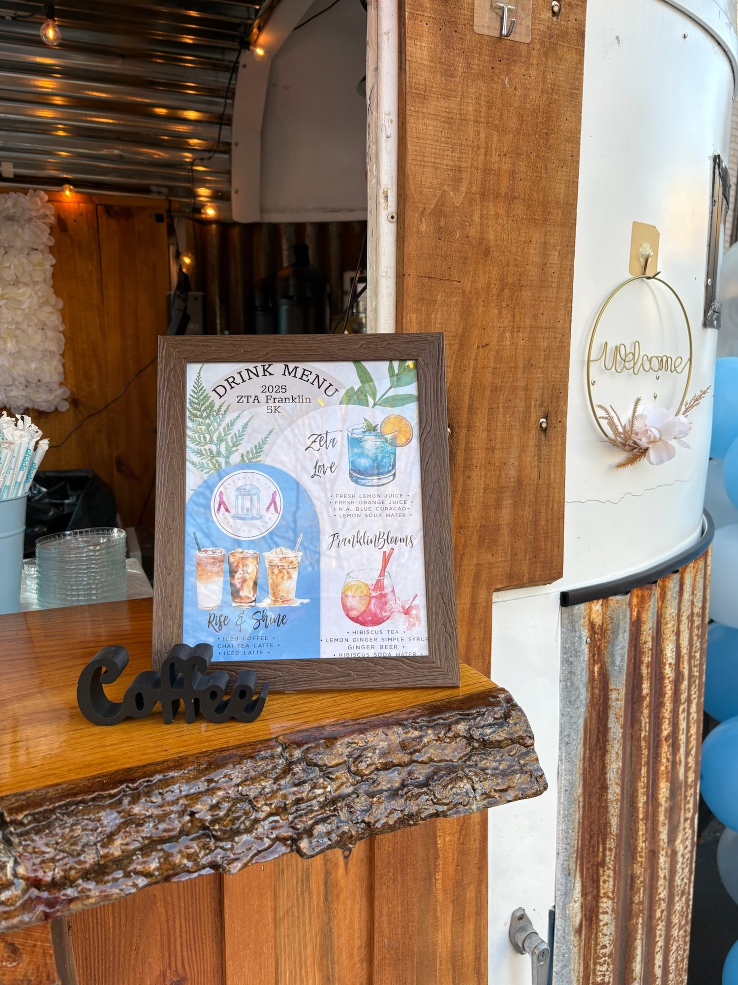 ZTA Franklin 5K custom drink menu — Zeta Love, Franklin Blooms, Rise & Shine coffee bar