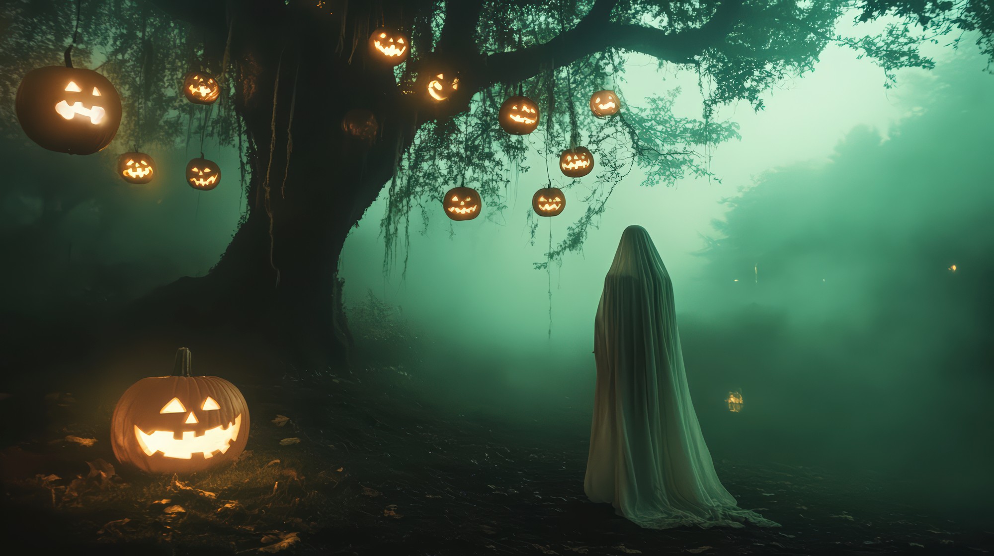 Happy Halloween ghosts, pumpkins and leaves in a dark smoky style