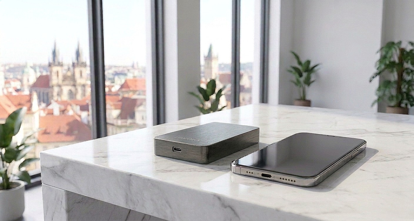 RAVAIA hardware unit, brushed dark aluminum enclosure with blue status LED