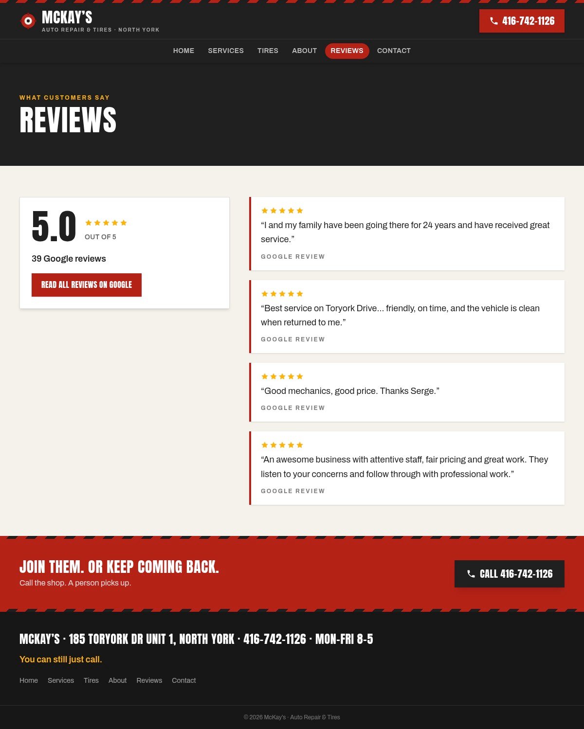 McKay’s reviews page showing a 5.0 rating from 39 Google reviews with four customer quotes