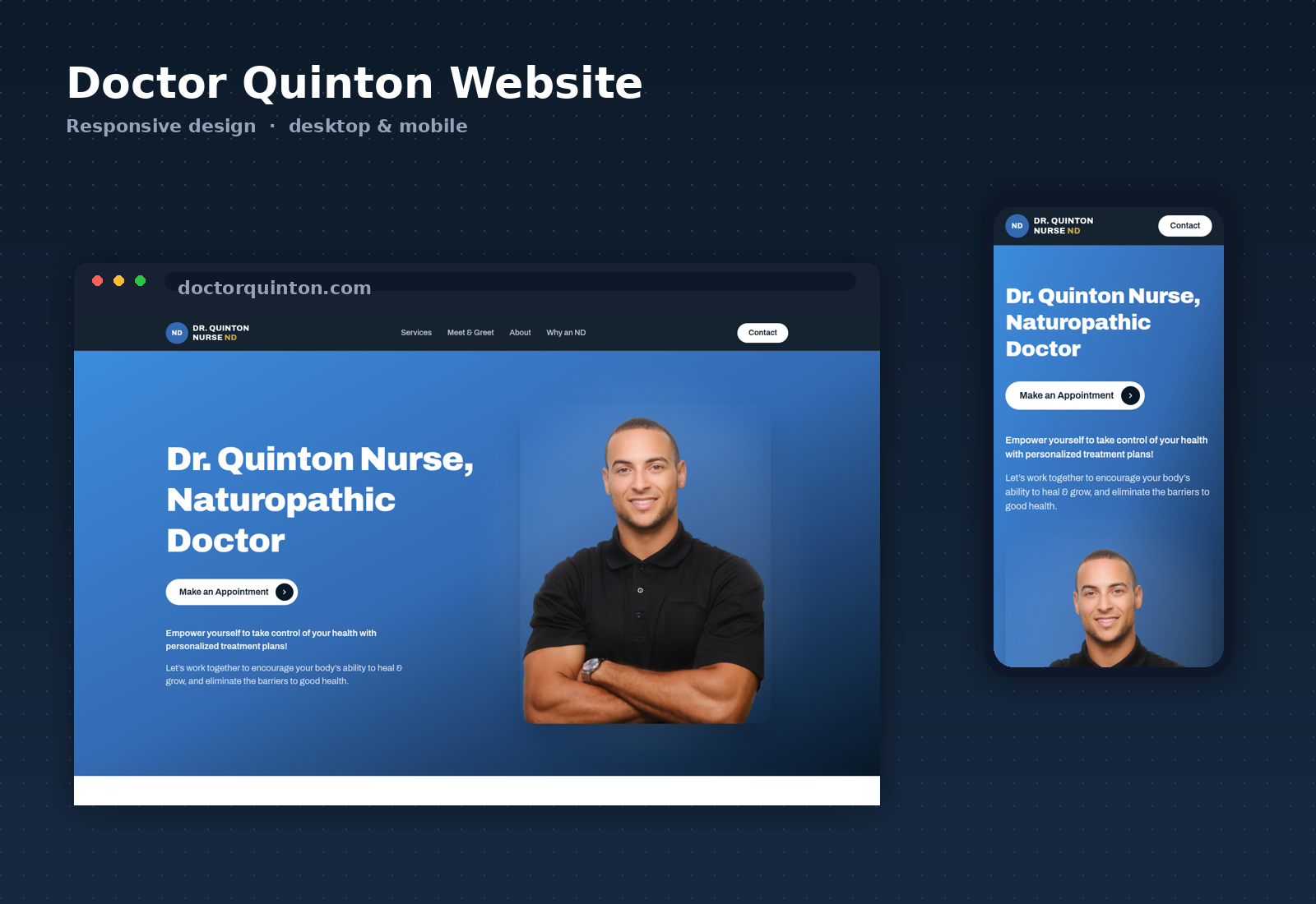 Dr Quinton website homepage shown on desktop and mobile, with a booking call to action over a blue hero