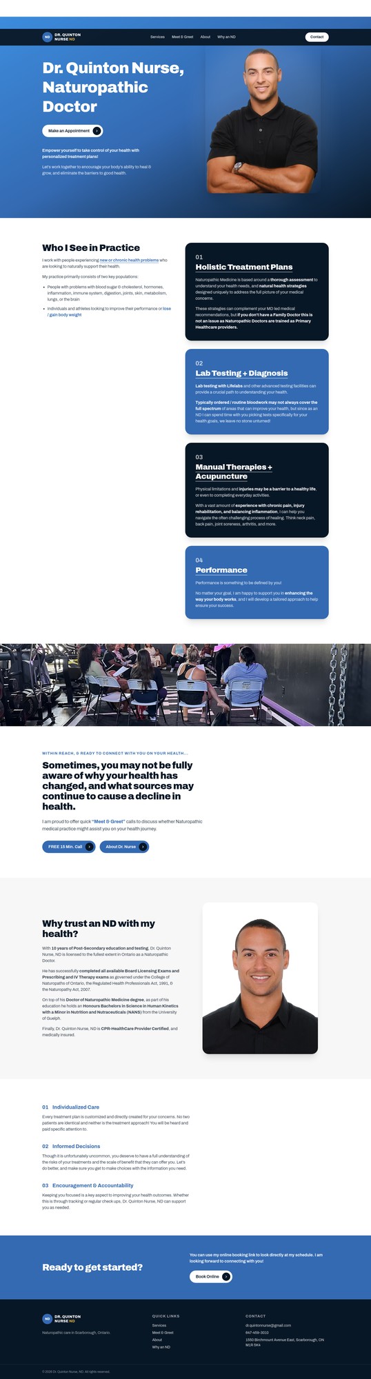 Full Dr Quinton website page scroll, from the blue hero through services and frequently asked questions to contact details