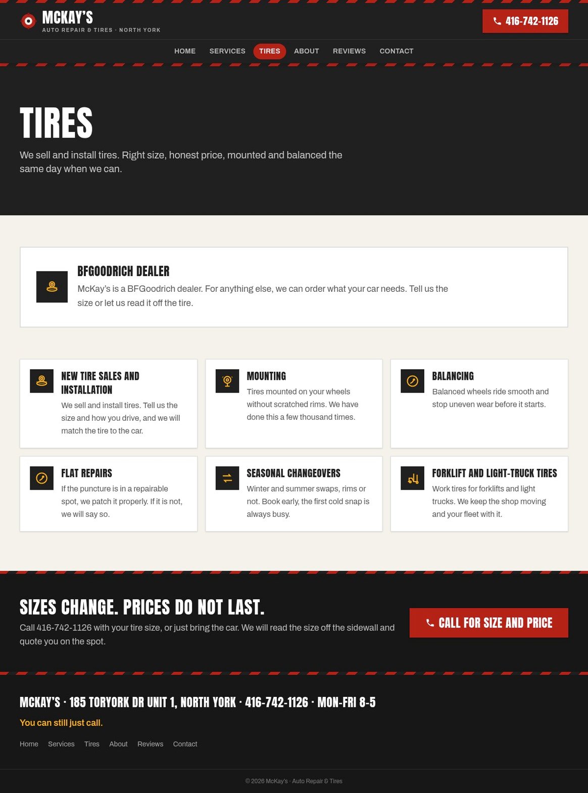 McKay’s tires page listing new tire sales, mounting, balancing, flat repairs, and seasonal changeovers