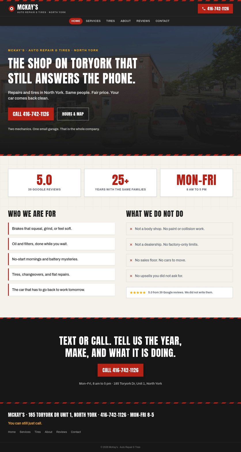 McKay’s Auto Repair homepage with the headline “The shop on Toryork that still answers the phone”, review stats, and a call button