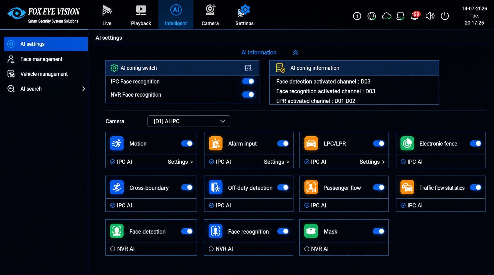 AI Configuration screen showing licence plate recognition, face detection, vehicle detection and electronic fence settings