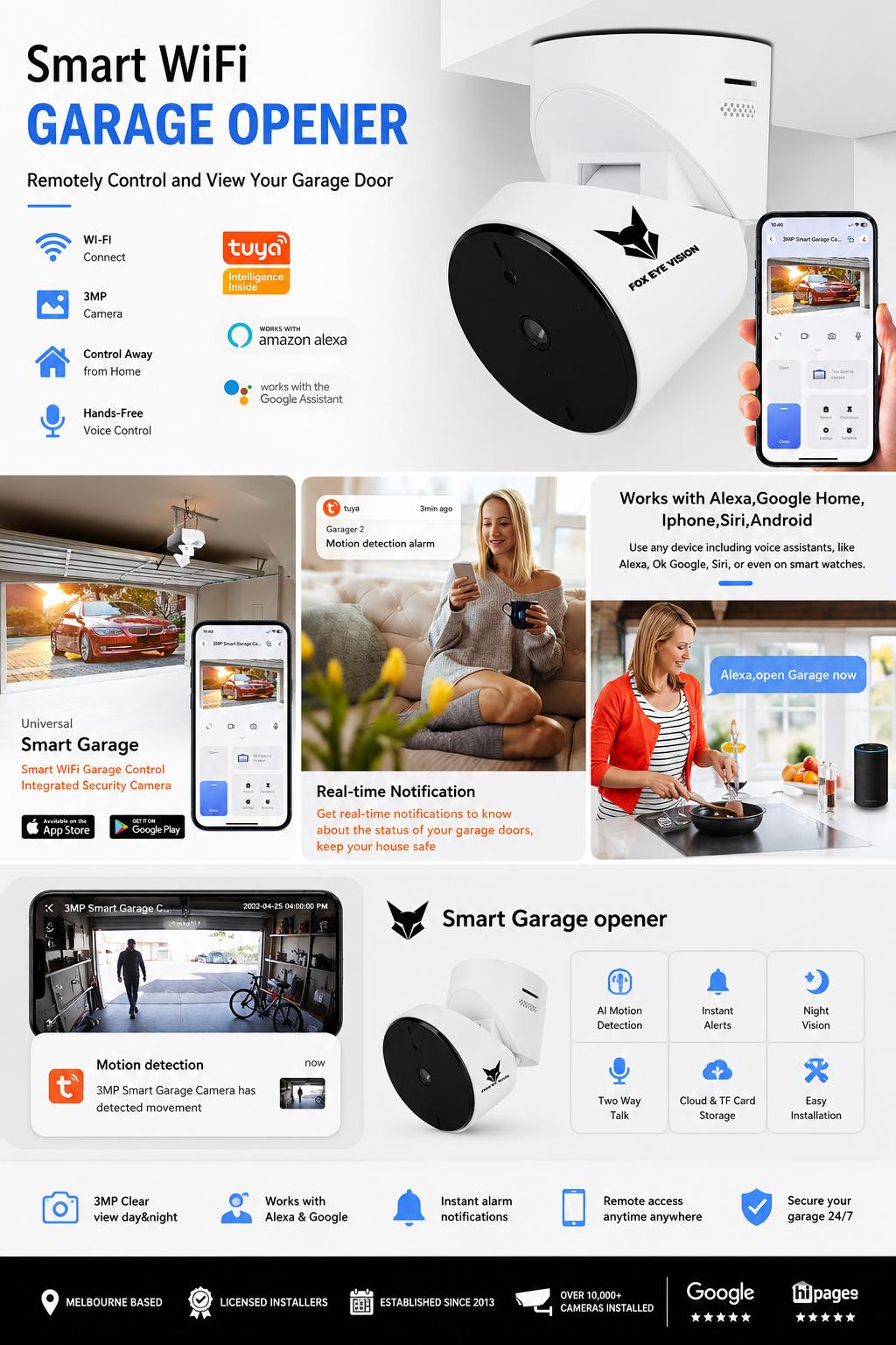 Fox Eye Vision Smart Garage Opener full specification — WiFi, 3MP, Tuya, Alexa, Google, AI Motion Detection