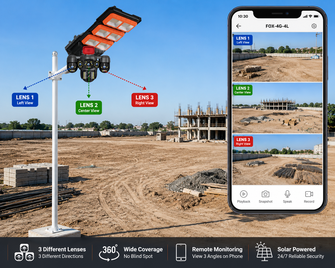 Construction site 3-lens camera with mobile app remote viewing
