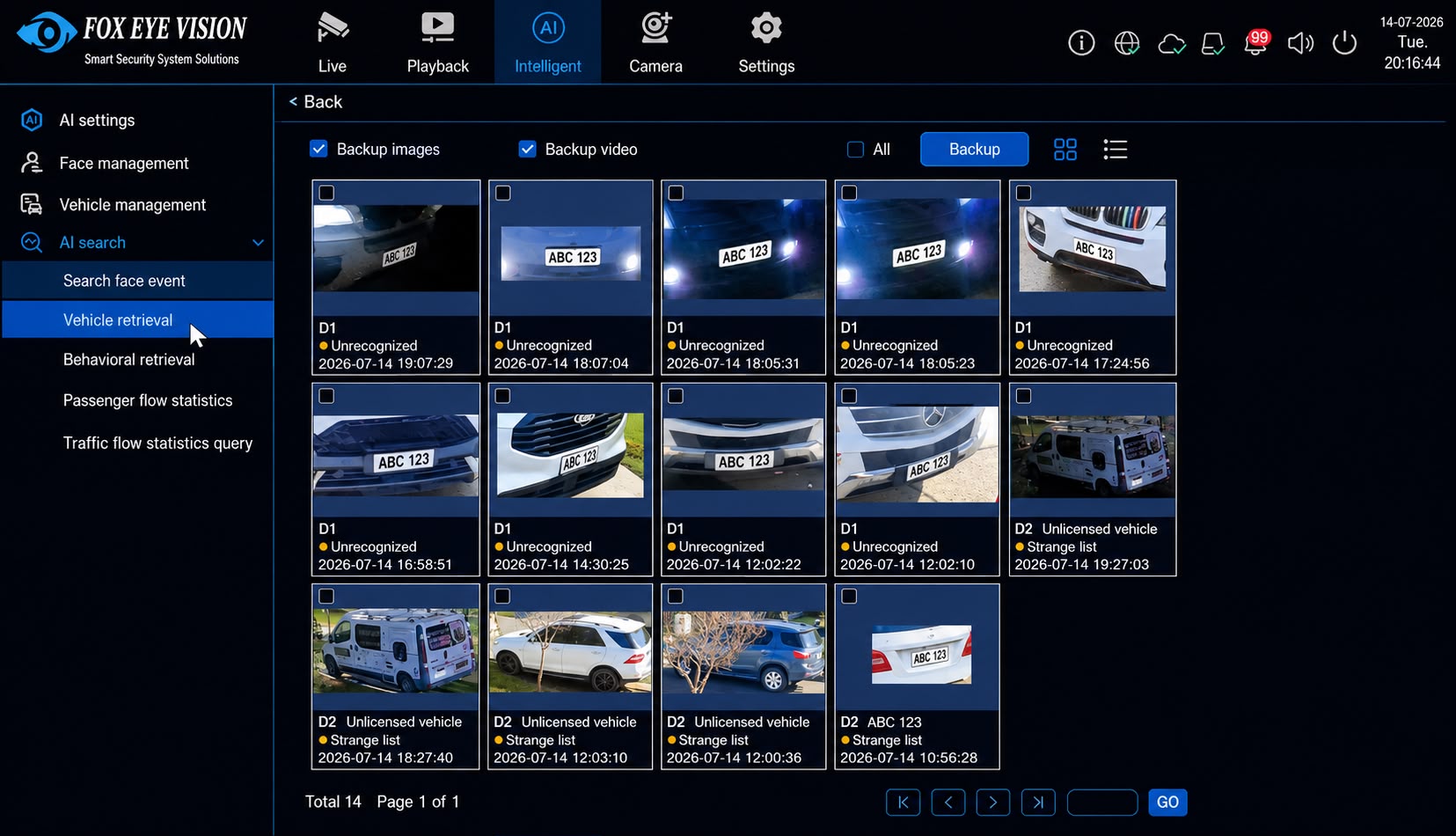 NVR screen showing vehicle search results with licence plate retrieval, thumbnails and timestamps