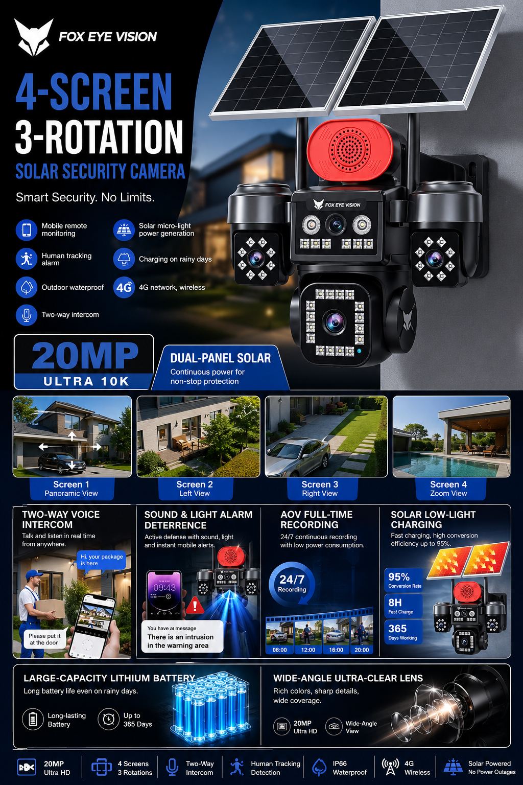 V560 4-Screen 3-Rotation Solar Security Camera — Full Product Specifications