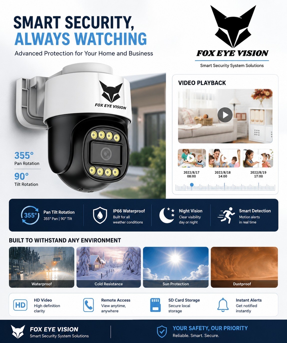 FOX-TSPT-01 Smart Security Camera product overview — 355° Pan Tilt, IP66, Night Vision, Smart Detection