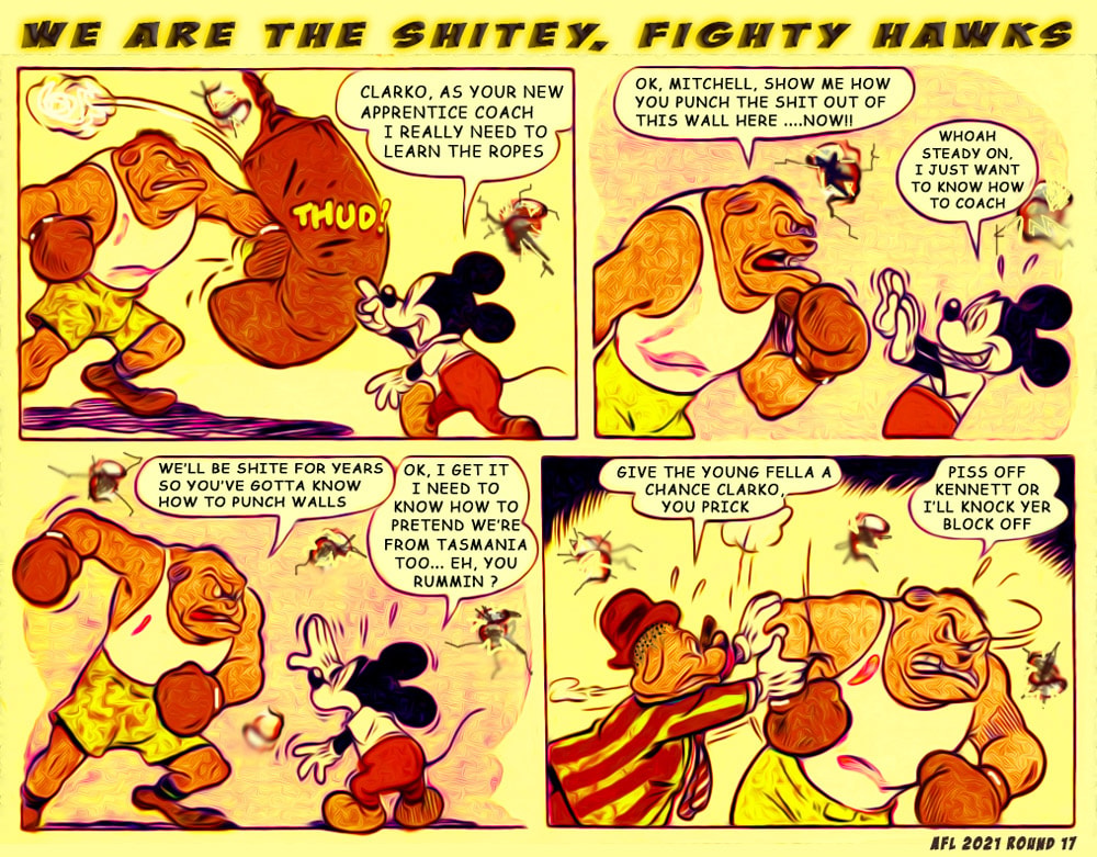 Fighty Hawks — Footy cartoon by Peter Gillies