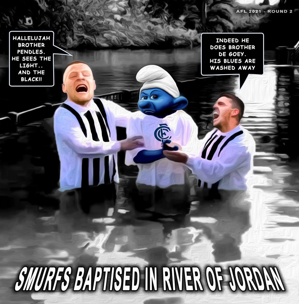 Smurfs Baptised — Footy cartoon by Peter Gillies