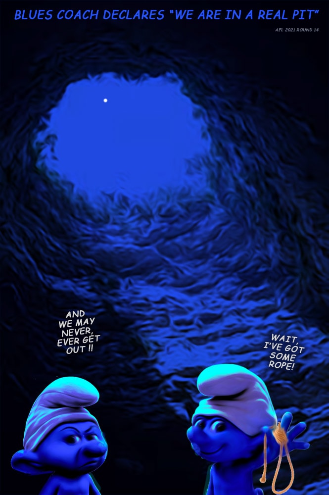 Smurf Pit — Footy cartoon by Peter Gillies