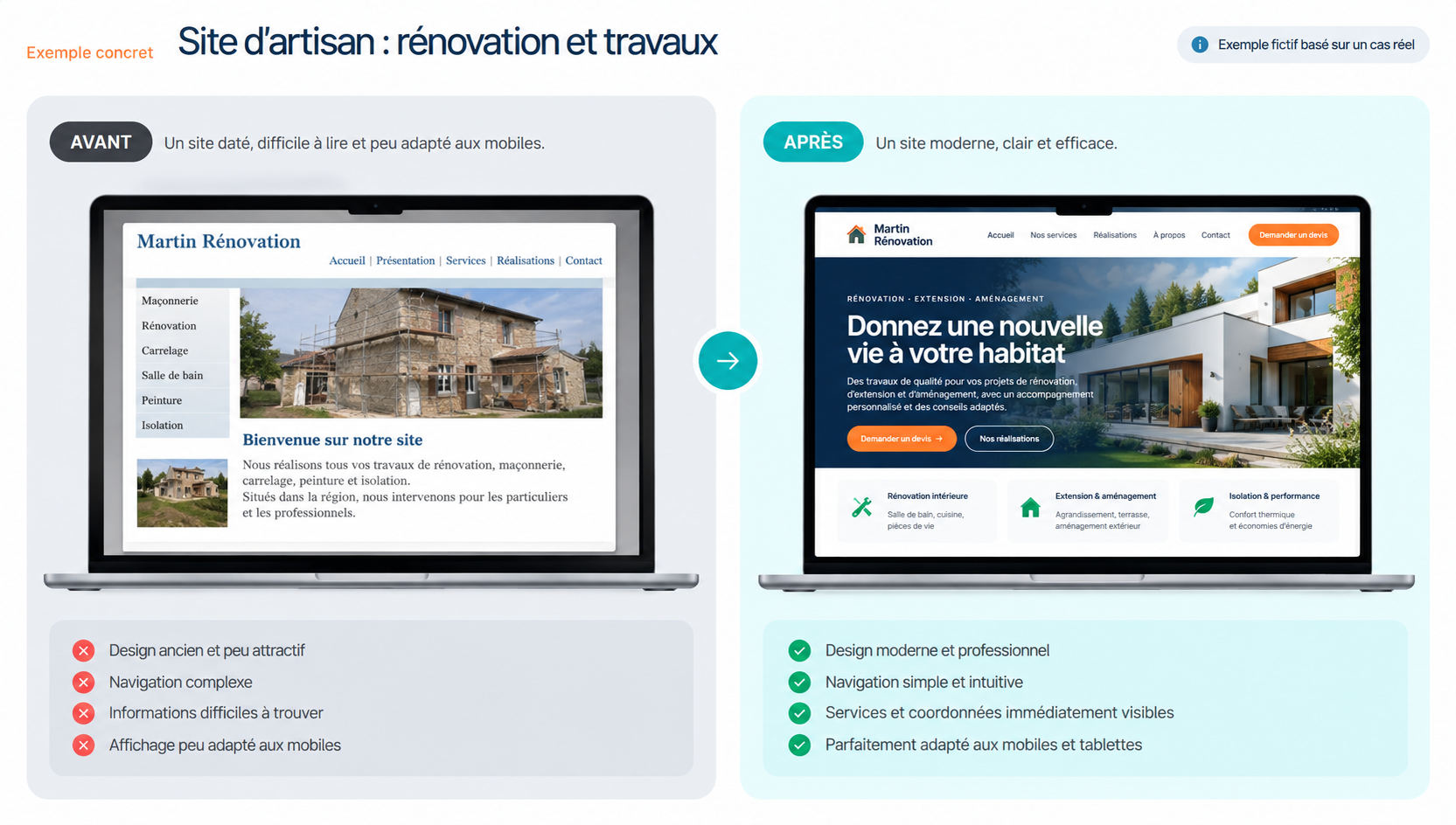 Comparaison avant-après de la refonte fictive d’un site internet d’artisan en rénovation