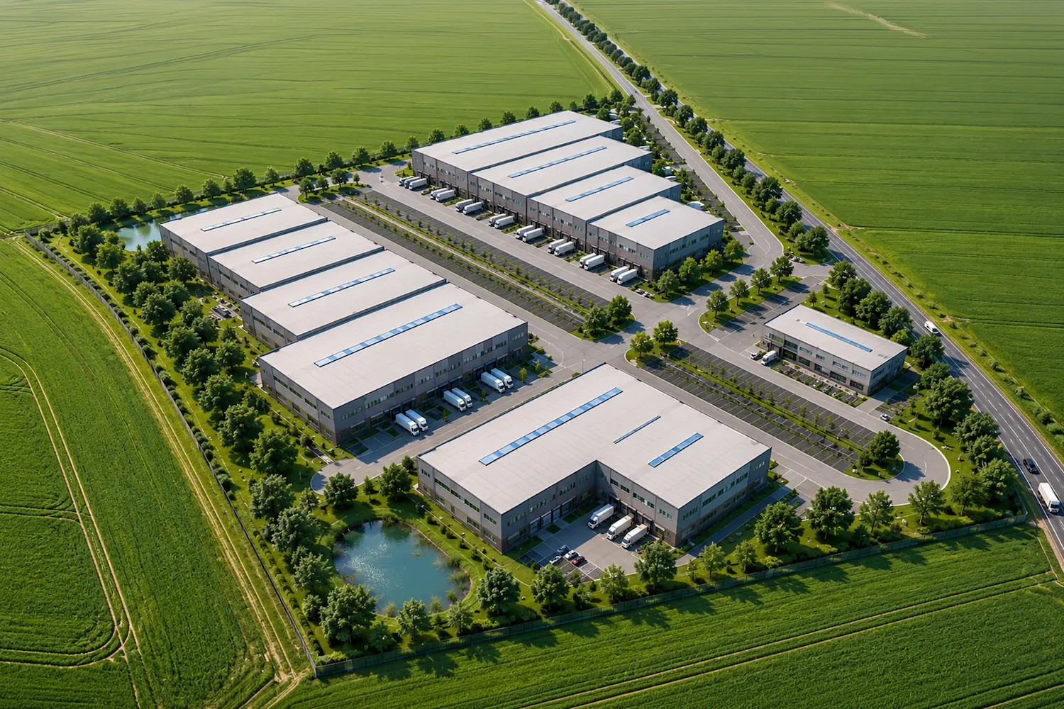 Vizualizace Business Park Soutice — celkový pohled z výšky